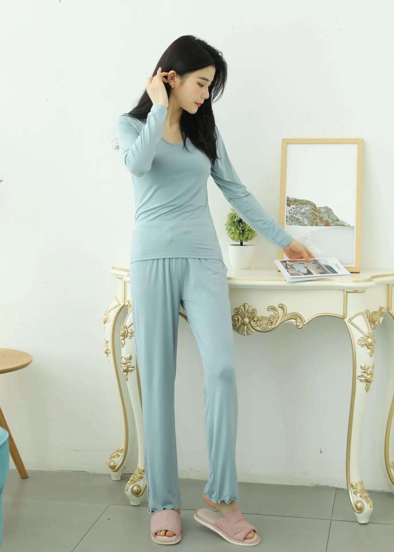 Pijama Feminino New Long Sleeve Trousers Set Modal Cotton Sleepwear Women Casual Bra Padded Winter Underwear Suit Female