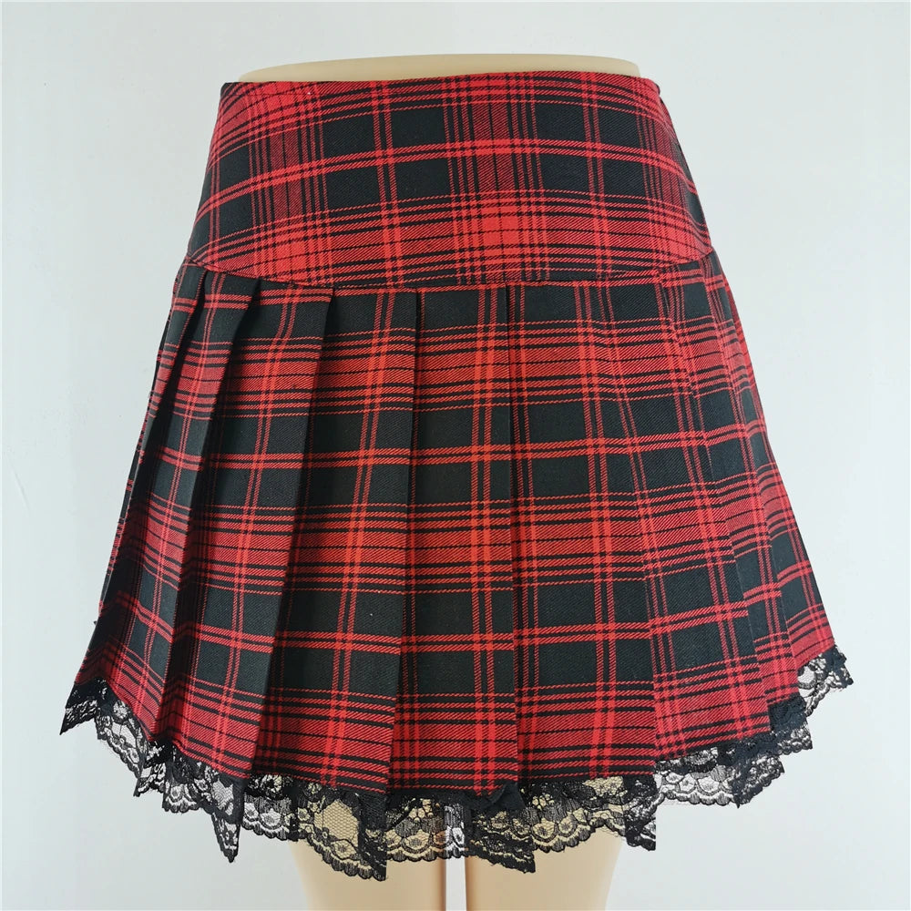 New Contrast Lace Plaid Pleated Skirt Vintage Sexy Skater Clothes Harajuku Gothic Punk England Style Y2k Skirt