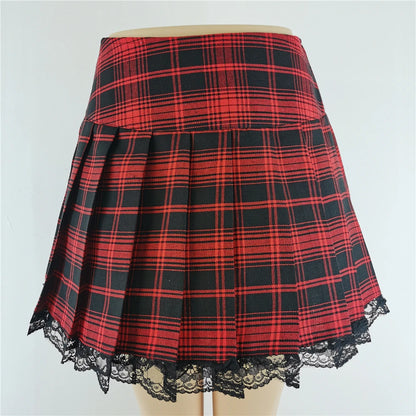 New Contrast Lace Plaid Pleated Skirt Vintage Sexy Skater Clothes Harajuku Gothic Punk England Style Y2k Skirt