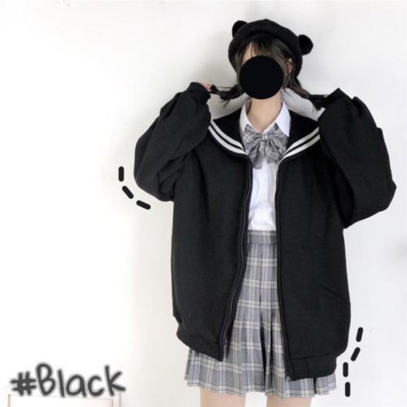 Deeptown Kawaii Zip Up Hoodies Black Japanese Preppy Style Sailor Collar Sweatshirts Sweet Lolita Coats Loose Cute Top Soft Girl