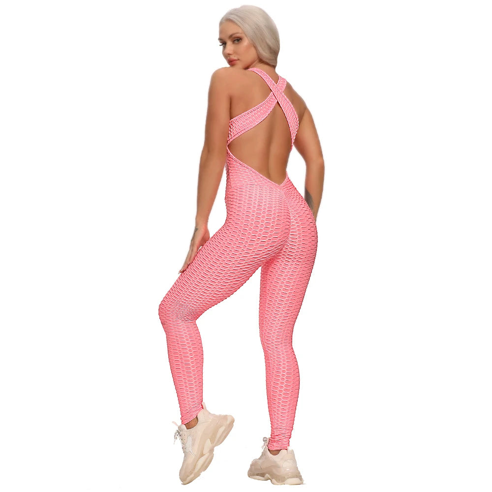 2024 Women's Sports Suit Sleeveless Backless Jumpsuits Costume Quick Dry Gym Bodysuit Tracksuit Fitness Tights Scrunch Leggings Badiee Stylez