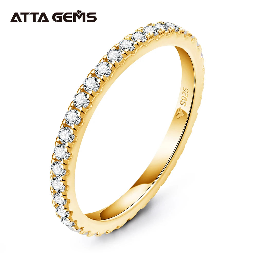 ATTAGEMS Solid 925 Sterling Silver Rings for Women Moissanite Full Eternity Wedding Band Engagement Wedding Ring Fine Jewelry With Certificate Yellow Gold plated