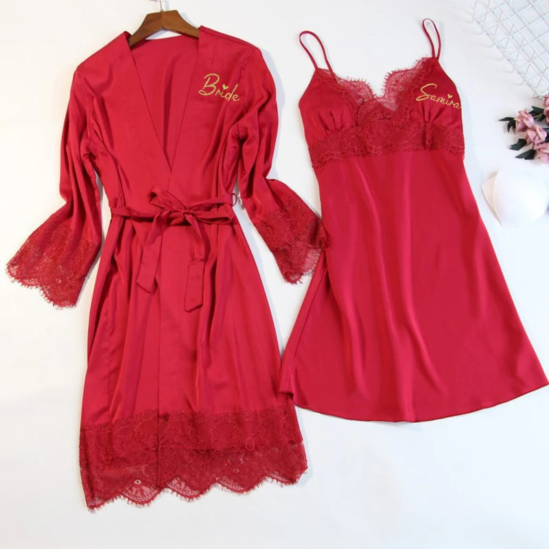 Personalized name Women Kimono Bathrobe Bride Bridesmaid Wedding Robe Set Lace Trim Sleepwear Casual Home Clothes Nightwear wine red robe gown