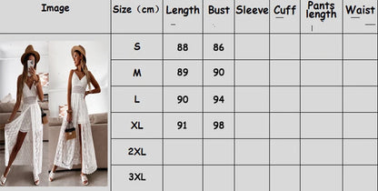 Summer V Neck Solid Color Lace Hollow-Out Sleeveless Sling Party Wear High Waist Rompers Holiday Casual White Women's Jumpsuit