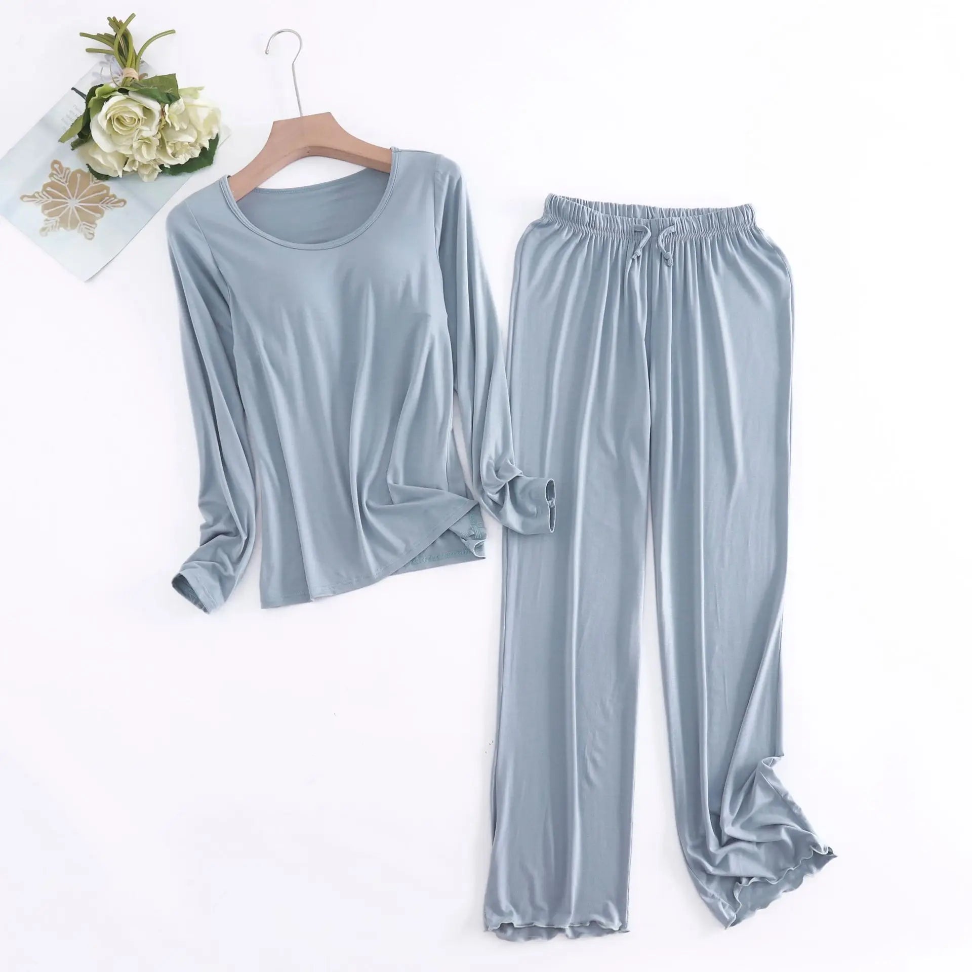 Pijama Feminino New Long Sleeve Trousers Set Modal Cotton Sleepwear Women Casual Bra Padded Winter Underwear Suit Female