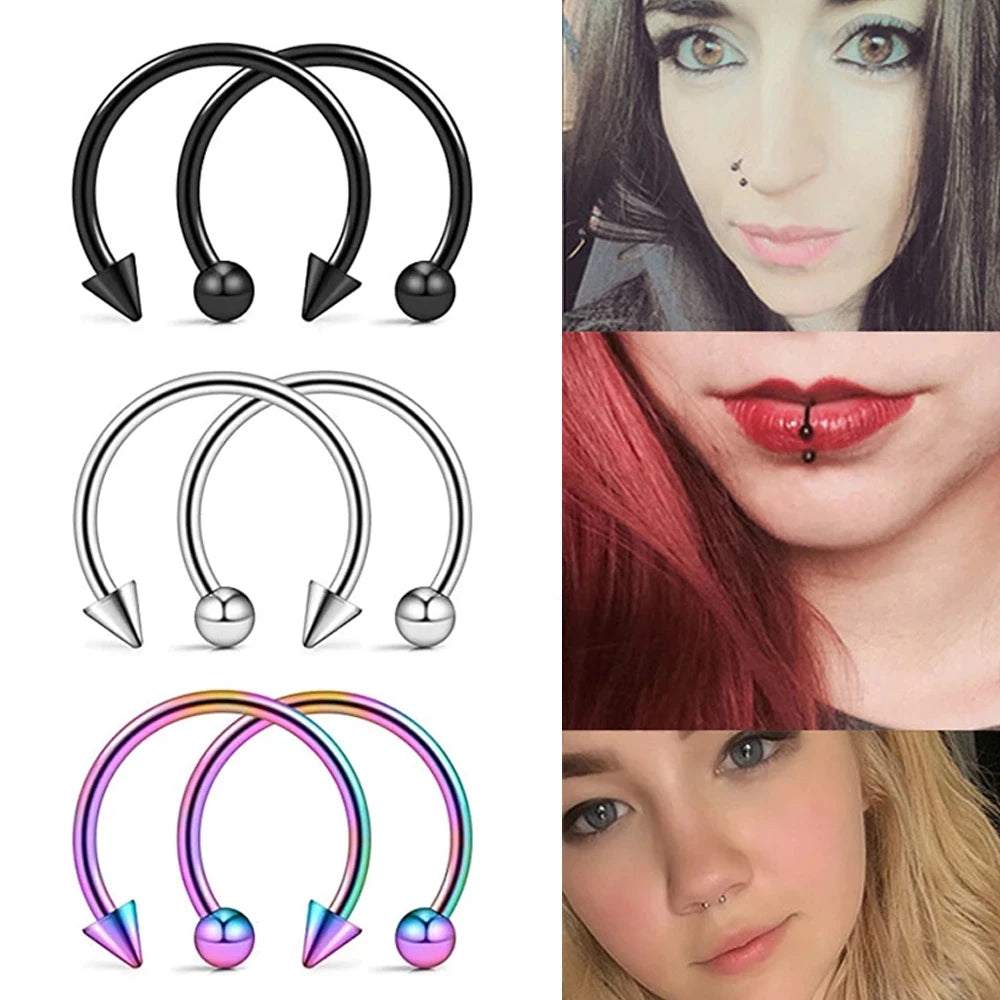 2pcs Stainless Steel Nose Hoop Ring Septum Rings Lip Studs Nostril Earrings Circular Tragus Ear Piercing Horseshoe Body Jewelry Badiee Stylez