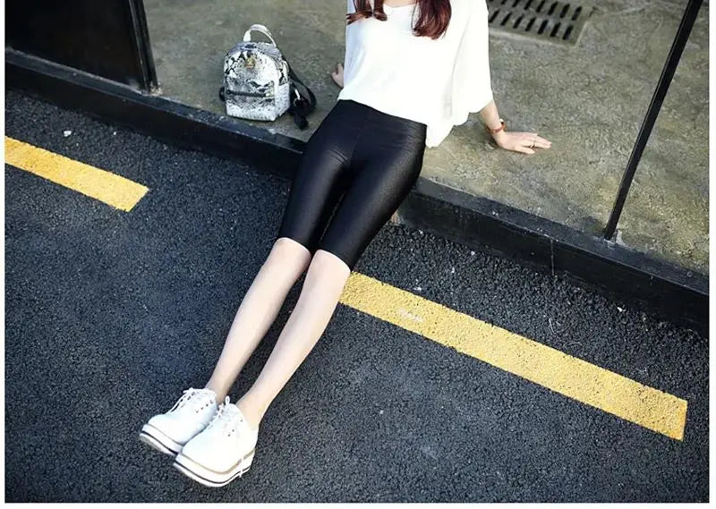 lady summer short pants women solid black shine breathable above knee short capris korean skinny neon pant