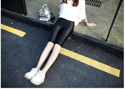lady summer short pants women solid black shine breathable above knee short capris korean skinny neon pant