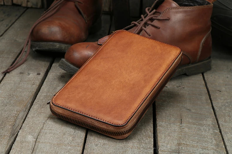 Vintage Genuine leather wallet Men leather long wallet men purse clutch bag male money clips zip around money bag card holder