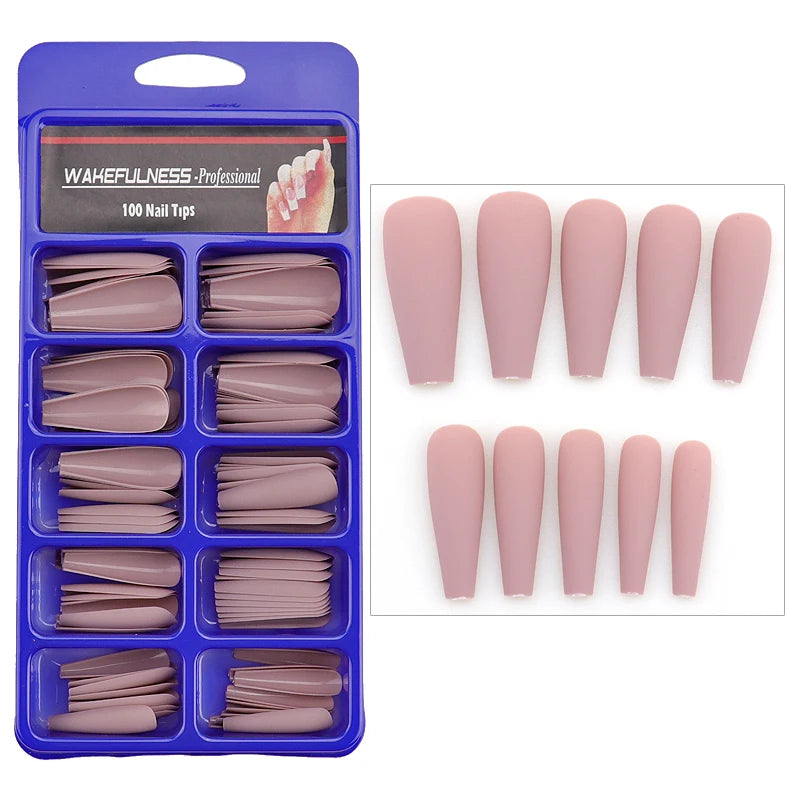 WAKEFULNESS 100Pcs/Set Matte Fake Nail Art Tips Long Ballerina Coffin Nails ABS Full Cover Fasle Nails Tools Manicure 529