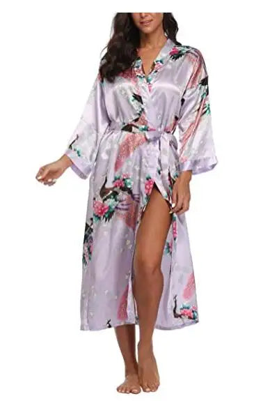 Sexy Women Long Robe With Pocket Wedding Bride Bridesmaid Dressing Gown Rayon Kimono Bathrobe Large Size S-XXXL Night Dress lavender