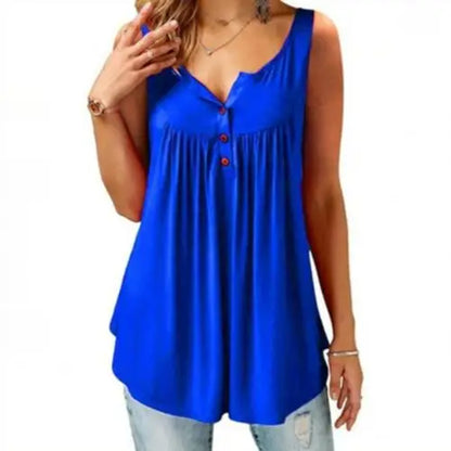 Hot Women Tank Top Loose Solid U Neck Female Camisole Sleeveless Pleated Tank Top Ladies Button 2020 summer women Loose Vest Blue