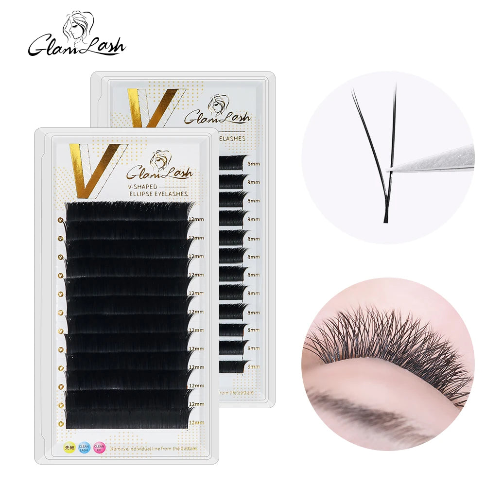 GLAMLASH V-Shape Ellipse Flat Split Tips YY Eyelash Extension Premade Volume Double Tips Easy-fans 2D Eyelash Super Soft Natural