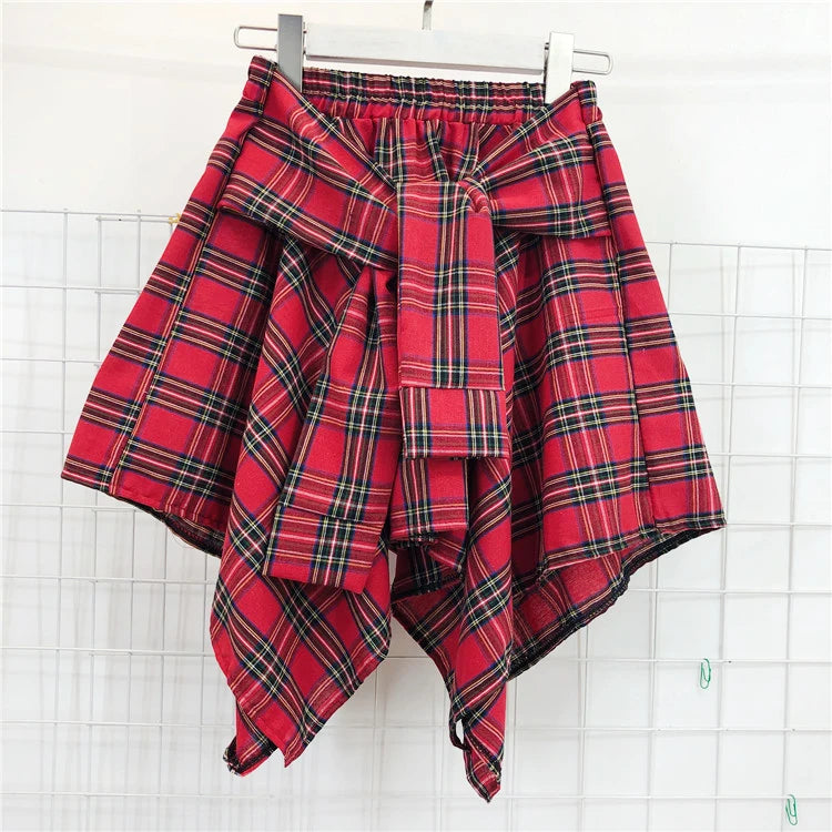 TOTRUST Fashion College Asymmetrical Skirt Women Summer Plaid Skirt Women Casual Students Fake Shirt Mini Skirt Female Saia