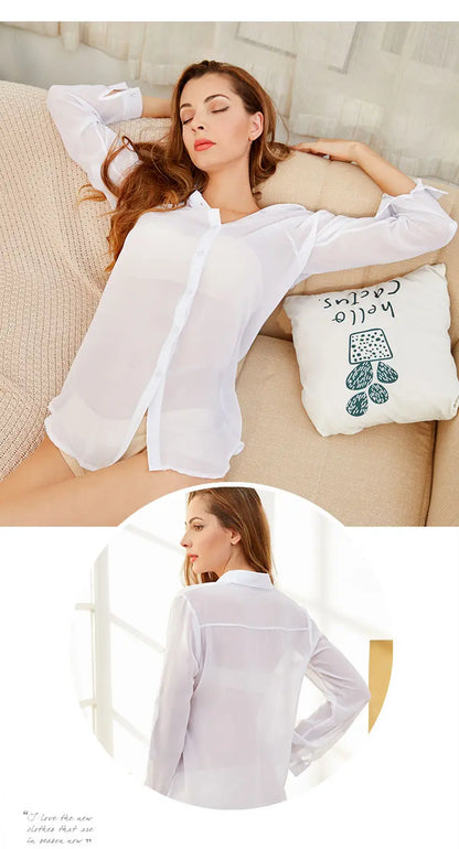 Women's Shirt Mid-length White Transparent Sexy Blouse Shirt Suncreen Casual Top Thin Summer Street Wear Loose Chiffon Shirt