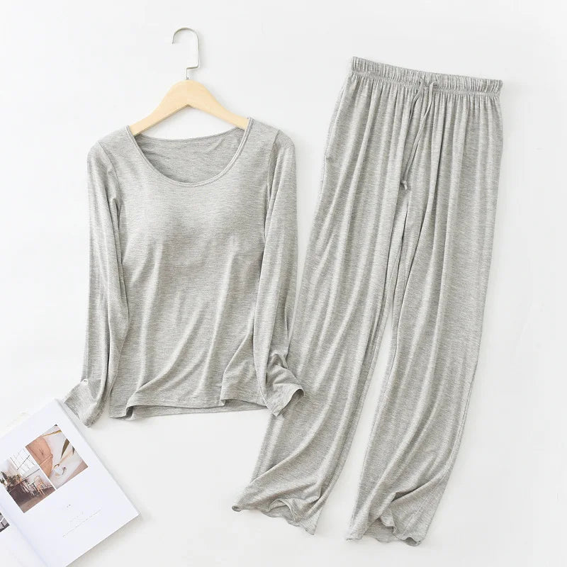 Pijama Feminino New Long Sleeve Trousers Set Modal Cotton Sleepwear Women Casual Bra Padded Winter Underwear Suit Female grey