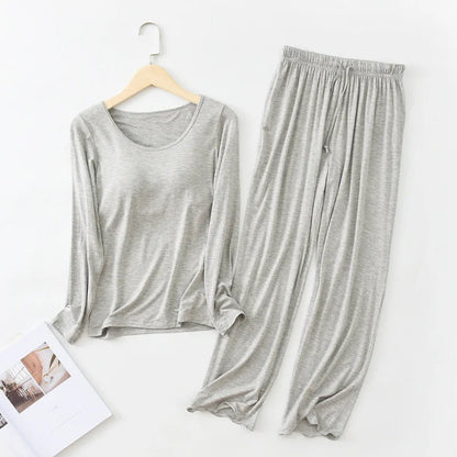 Pijama Feminino New Long Sleeve Trousers Set Modal Cotton Sleepwear Women Casual Bra Padded Winter Underwear Suit Female grey