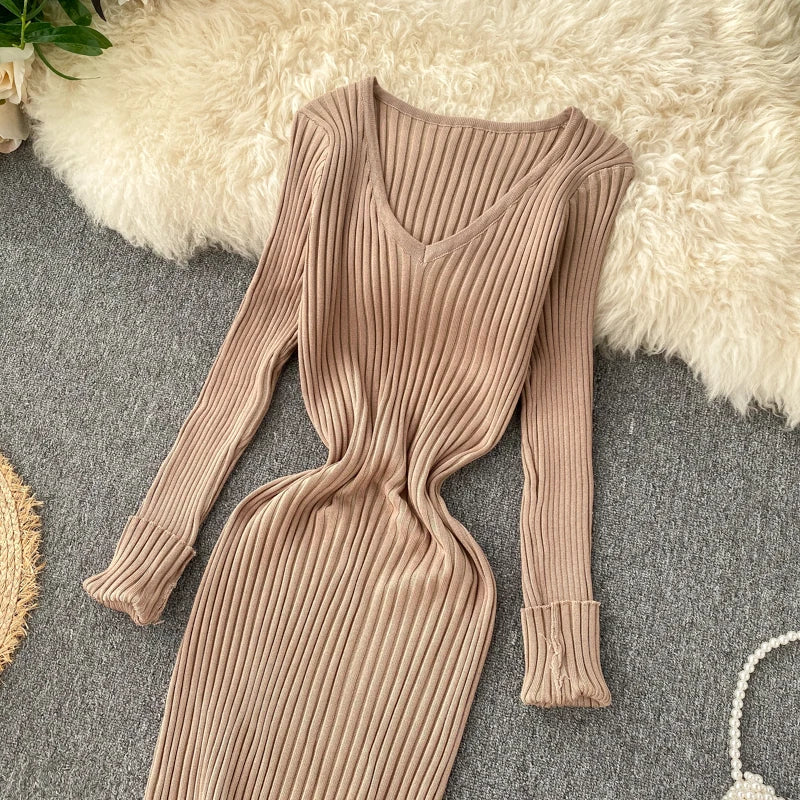 SINGRAIN Women Autumn Knitted Dress V Neck Sexy Slim Elastic Oversized Basic Bodycon Long Dress Winter knit Warm Sweater Dresses