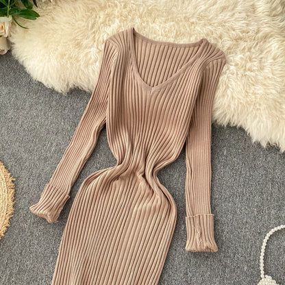 SINGRAIN Women Autumn Knitted Dress V Neck Sexy Slim Elastic Oversized Basic Bodycon Long Dress Winter knit Warm Sweater Dresses