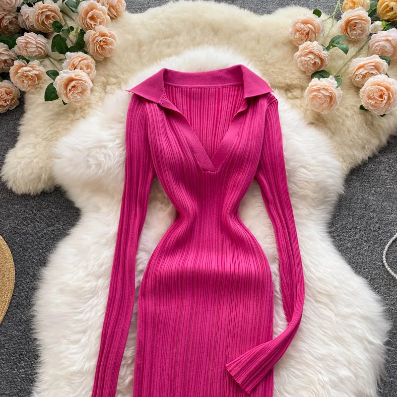 SINGREINY Women Korean Knitted Dress Long Sleeve V Neck Elastic Slim Pencil Dresses 2021 Autumn Sexy Bodycon Split Sweater Dress