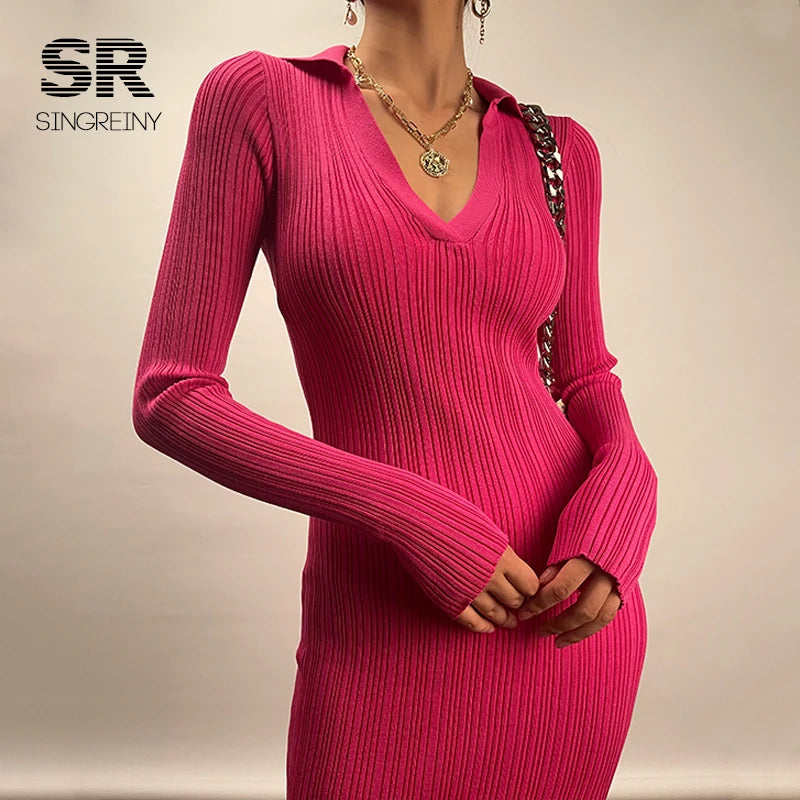 SINGREINY Women Korean Knitted Dress Long Sleeve V Neck Elastic Slim Pencil Dresses 2021 Autumn Sexy Bodycon Split Sweater Dress