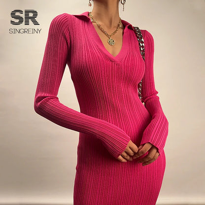 SINGREINY Women Korean Knitted Dress Long Sleeve V Neck Elastic Slim Pencil Dresses 2021 Autumn Sexy Bodycon Split Sweater Dress