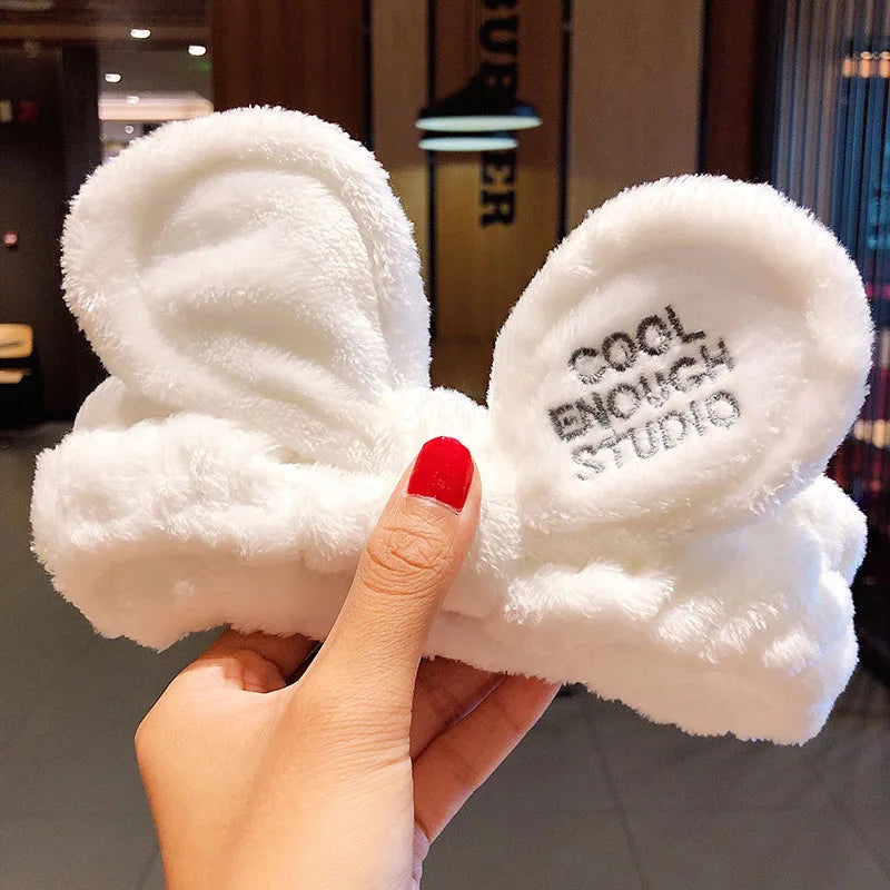 Wash Face Hair Holder Hairbands Soft Warm Coral Fleece Bow Animal Ears Headband For Women Girls Turban Fashion Hair Accessories white bow