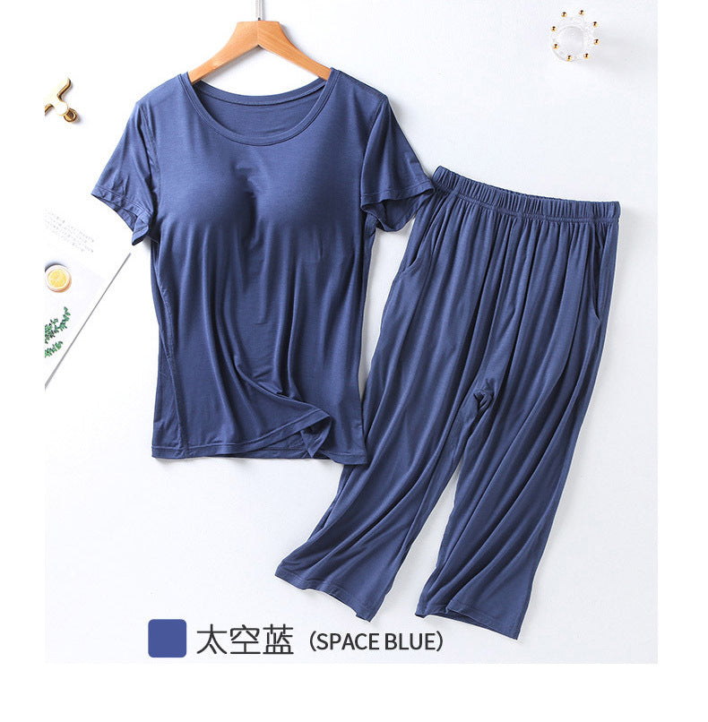 2025 summer new ladies modal pajamas two-piece suit with chest pad short-sleeved cropped trousers plus size home service set