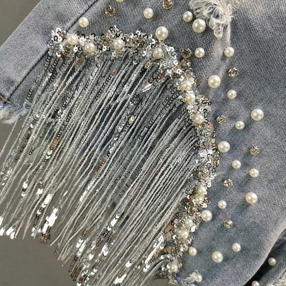 Summer Elegant Shorts Lady Tassel Beading High Waist Wide Leg Denim Shorts Female Casual Solid Shorts Jeans for Women Clothing