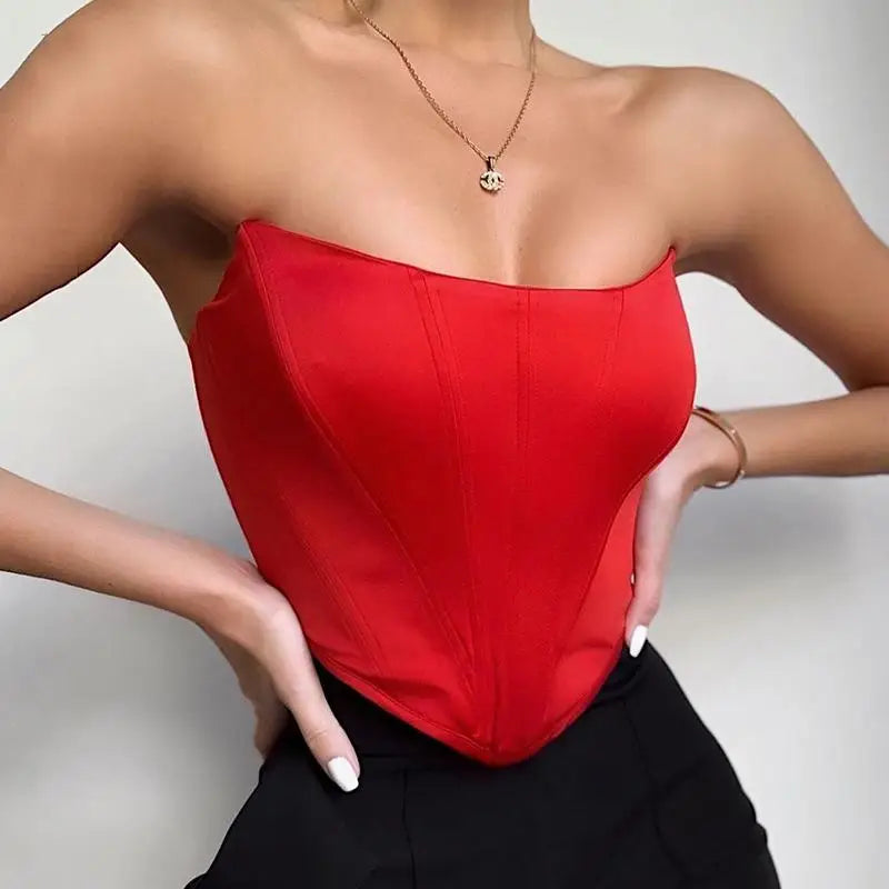 Sleeveless Off Shoulder Fashion Sexy Corset Crop Tops Vest Female Underwear Backless Bustier Top Solid Red