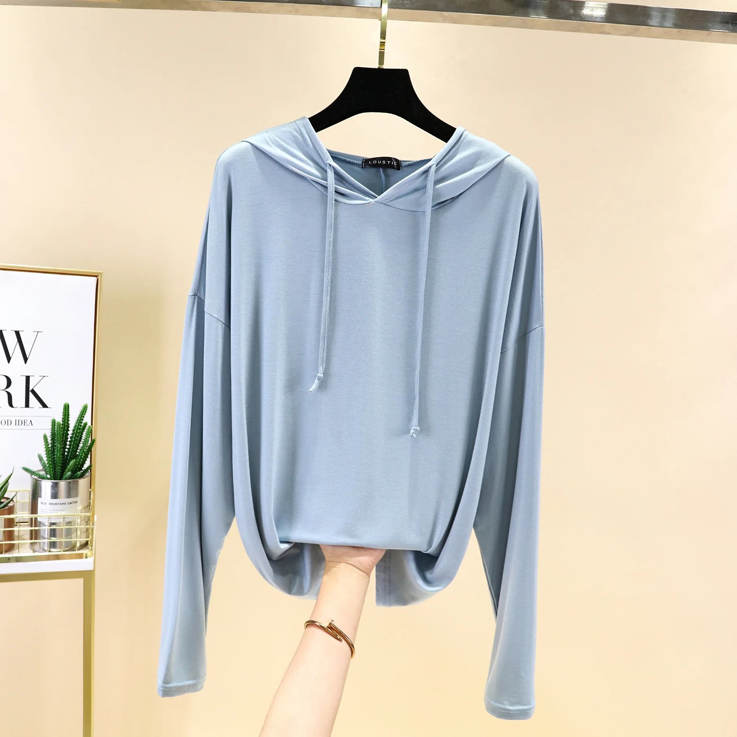 Modal Hoodies Solid Basic Tshirt Bottoming Sweatshirts All match Spring Autum Summer Casual street wear blue