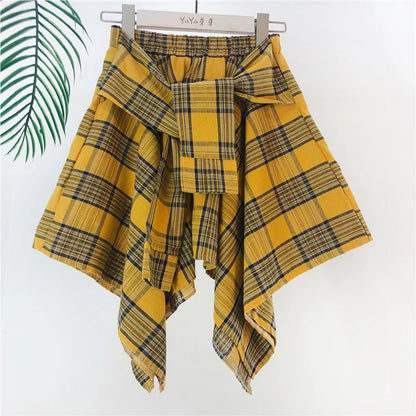 TOTRUST Fashion College Asymmetrical Skirt Women Summer Plaid Skirt Women Casual Students Fake Shirt Mini Skirt Female Saia