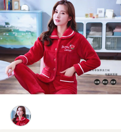 Autumn Winter Thicken Flannel Women Pajamas Set Two-piece suit Warm Loose Long-sleeve Female Casual Home service Single-breasted