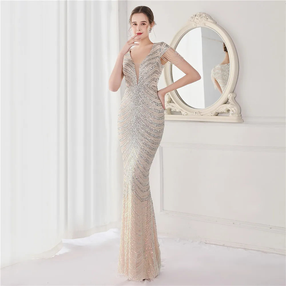 DEERVEADO Elegant V Neck Mermaid Evening Dress Long Luxury Beads Women Evening Party Dresses 2025 New Formal Dress 19085 Badiee Stylez