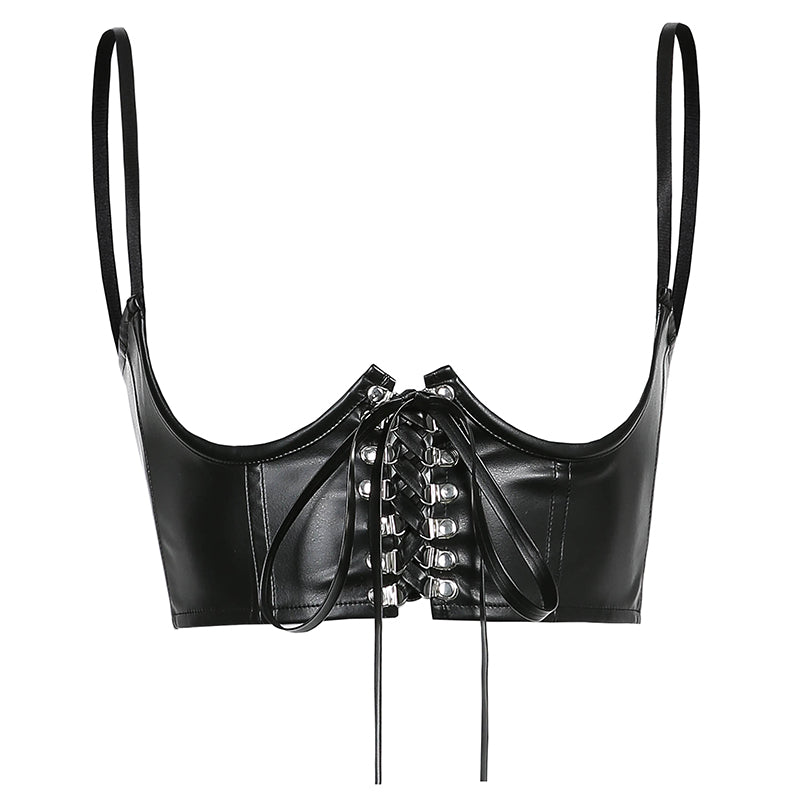Women Corset Bustier Crop Top Lace-up Bandage Black Gothic Leather Underbust Suspender Cami Vest Waist BodyshaperTank Cummerbund