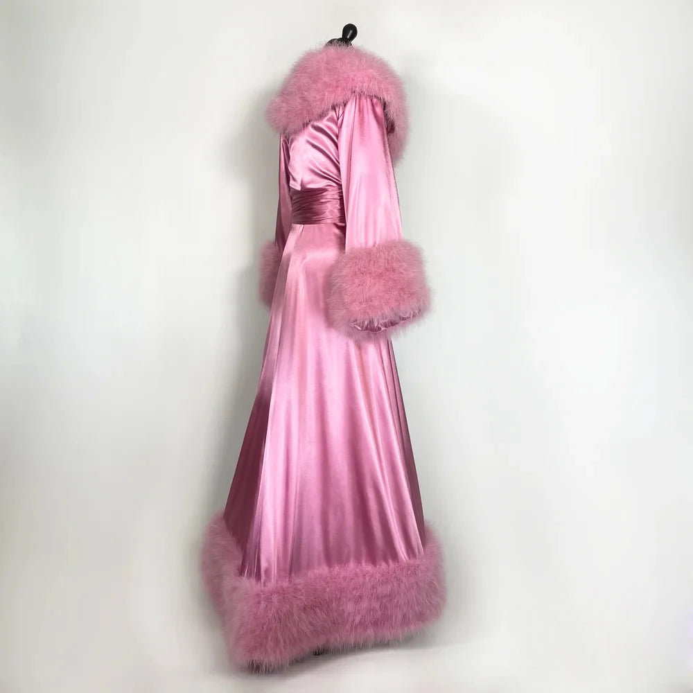 Women's Bathrobe Evening Dresses Feather Elastic Silk Pink Nightgown Pajamas Sleepwear Lingerie Women Occasions Gowns Housecoat Badiee Stylez