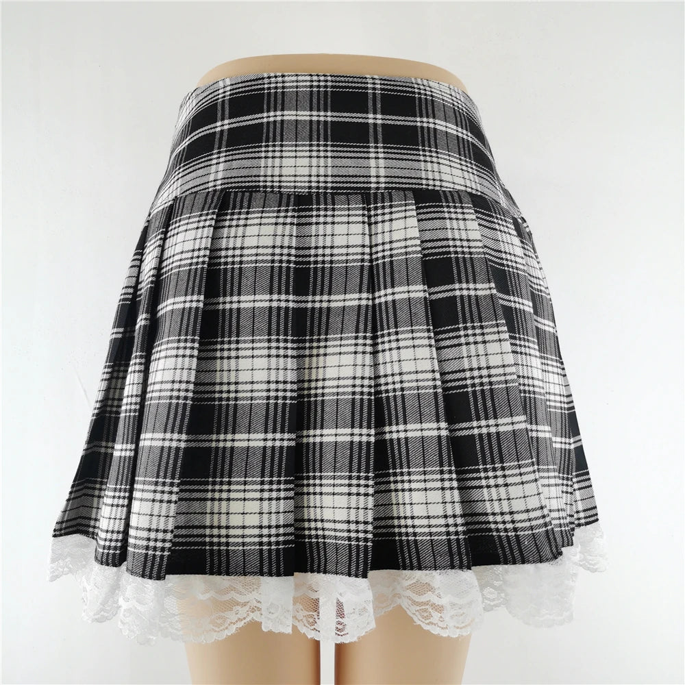 New Contrast Lace Plaid Pleated Skirt Vintage Sexy Skater Clothes Harajuku Gothic Punk England Style Y2k Skirt