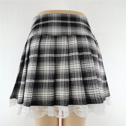 New Contrast Lace Plaid Pleated Skirt Vintage Sexy Skater Clothes Harajuku Gothic Punk England Style Y2k Skirt