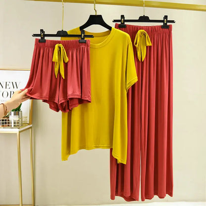 Fdfklak Short-Sleeved Shorts + Trousers Women 3 Pcs Home Suit Summer New Pajamas Modal Nightwear Pyjama Femme Sleeping Clothes yellow