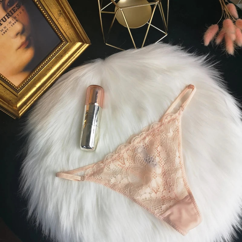 Women's Panties Sexy Lace Thong G-Strings Female Low Waist Underwear Panty French Style Erotic Lingerie Hollow Out Underpants Beige 1pc