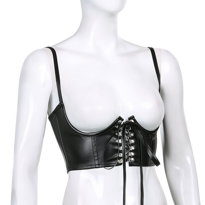 Women Corset Bustier Crop Top Lace-up Bandage Black Gothic Leather Underbust Suspender Cami Vest Waist BodyshaperTank Cummerbund
