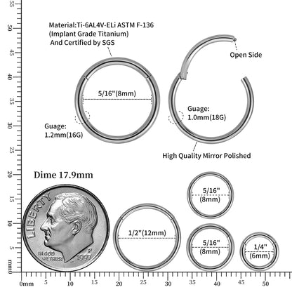 Right Grand ASTM F136 Titanium Hinged Hoop Nose Rings 20G 18G 16G Septum Ring Body Piercing Jewelry Helix Cartilage Rook Earring
