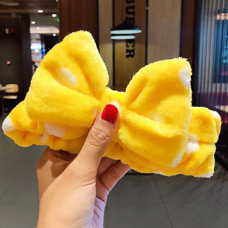 Wash Face Hair Holder Hairbands Soft Warm Coral Fleece Bow Animal Ears Headband For Women Girls Turban Fashion Hair Accessories yellow dot