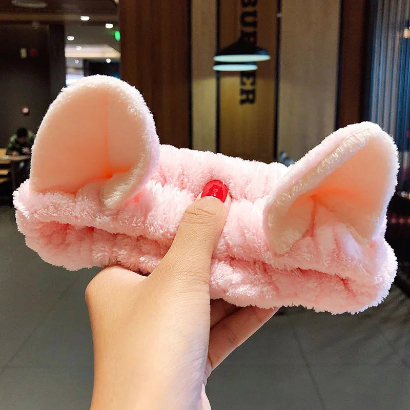 Wash Face Hair Holder Hairbands Soft Warm Coral Fleece Bow Animal Ears Headband For Women Girls Turban Fashion Hair Accessories pink cat ears