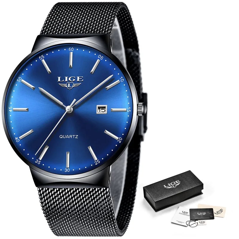 LIGE Fashion Luxury Womens Watch Ultra-thin Steel Mesh Strap Quartz Wristwatch Women Clock Casual Waterproof Watches Reloj Mujer Black blue silver CHINA