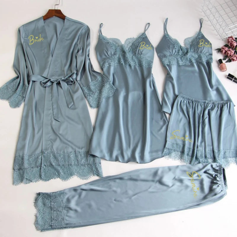 Personalized name Women Kimono Bathrobe Bride Bridesmaid Wedding Robe Set Lace Trim Sleepwear Casual Home Clothes Nightwear blue-gray 5pcs set