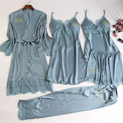 Personalized name Women Kimono Bathrobe Bride Bridesmaid Wedding Robe Set Lace Trim Sleepwear Casual Home Clothes Nightwear blue-gray 5pcs set