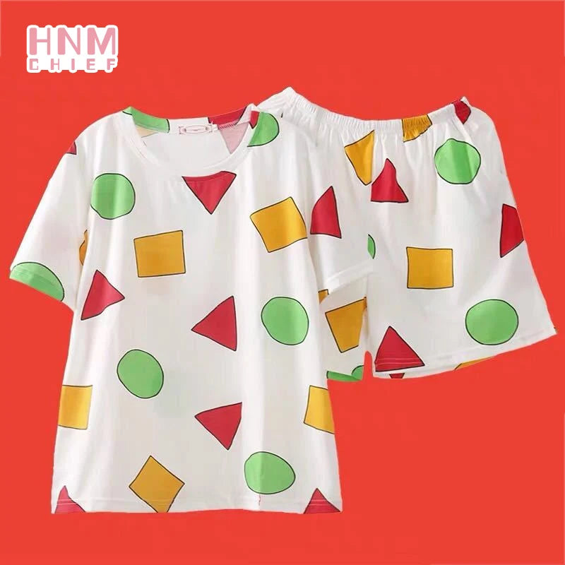 Summer Casual Couple Pajama Sets Lovely Cartoon Print Short Sleeve Sleepwear Pajamas Suit Daily Fashion Loose Homewear Nightgown