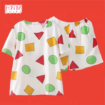 Summer Casual Couple Pajama Sets Lovely Cartoon Print Short Sleeve Sleepwear Pajamas Suit Daily Fashion Loose Homewear Nightgown