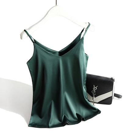 Spaghetti Strap Top Women Halter V Neck Basic White Cami Sleeveless Satin Silk Tank Tops Women'S Summer 2025 Camisole